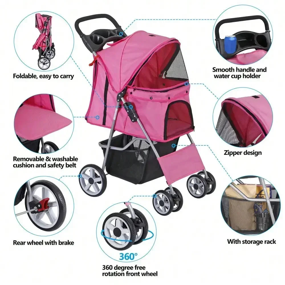 Pink Four Wheel Pet Stroller for Medium Dogs and Cats Foldable Jogger Travel Carrier with Basket