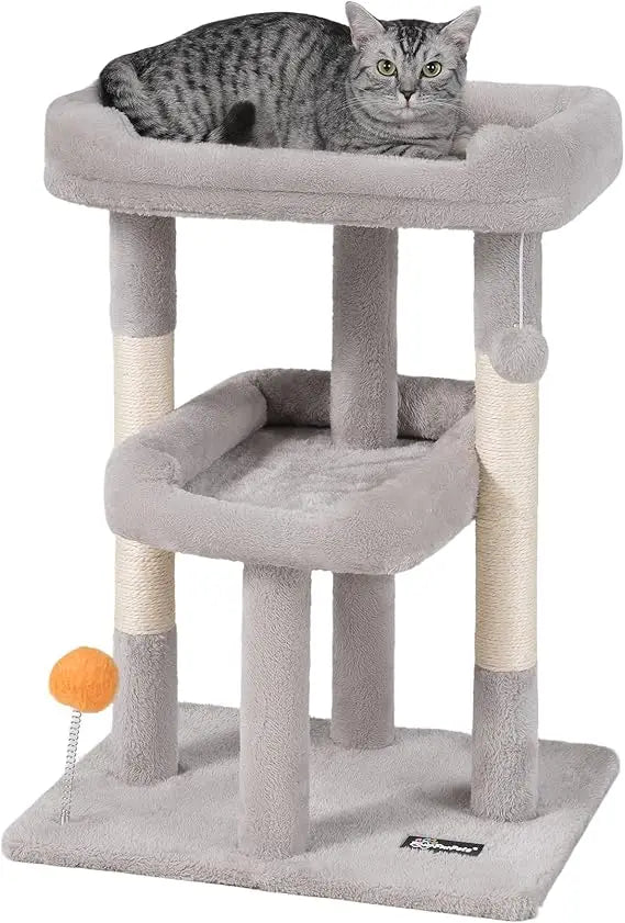 FourFurPets Small Multi-Level Cat Tree: Indoor Cat Tower with Scratching Post, Cat Condo, Kitten-Friendly Design & Toy Ball
