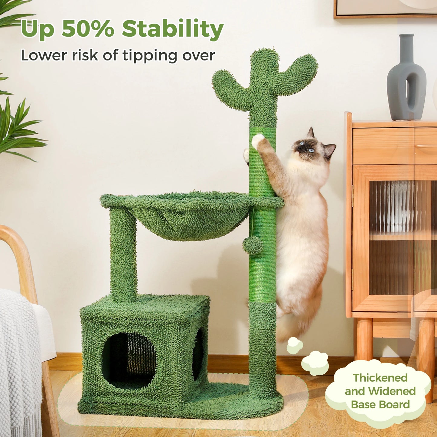 Cactus Cat Tree with Large Condo Hammock Dangling Ball Small Cat Tower Cat Scratching Post for Indoor Use