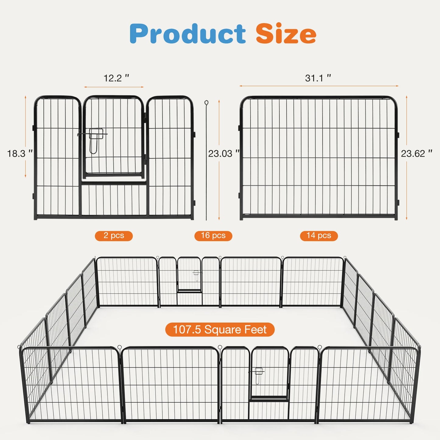 16 Panel Dog Playpen Indoor/outdoor Fence,  Exercise for Yard  Metal Dog Pen for Camping