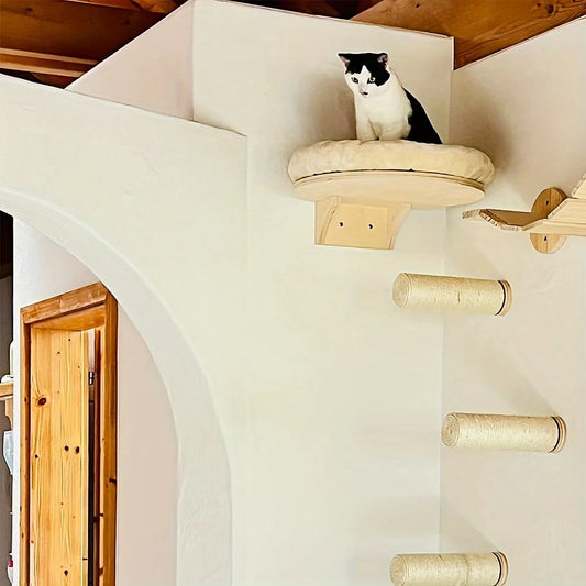 Wooden Climbing Ladder, Cat Hammock, Scratching Post, for Activity Indoors