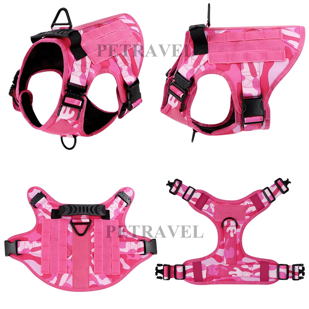 Military Pink Camouflage Dog Harness for Large and Medium Dogs Adjustable Tactical Training Vest with Leash