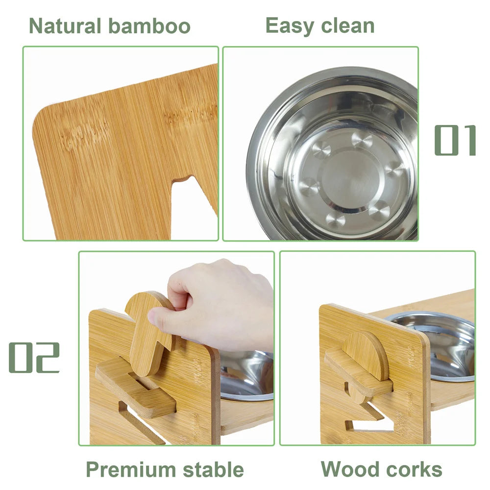 Elevated Stand, 4 Heights, Bamboo Feeding Station 2 Stainless Steel Bowls.
