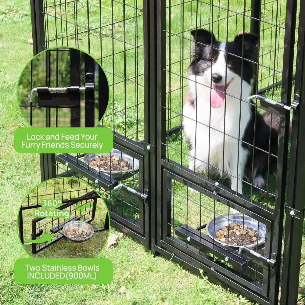 Dog Kennel Outdoor with Roof and Rotating Bowl Holders, Large Metal Dog Enclosure, Heavy Duty Built