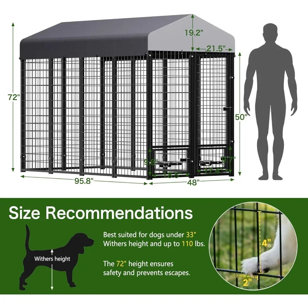Dog Kennel Outdoor with Roof and Rotating Bowl Holders, Large Metal Dog Enclosure, Heavy Duty Built