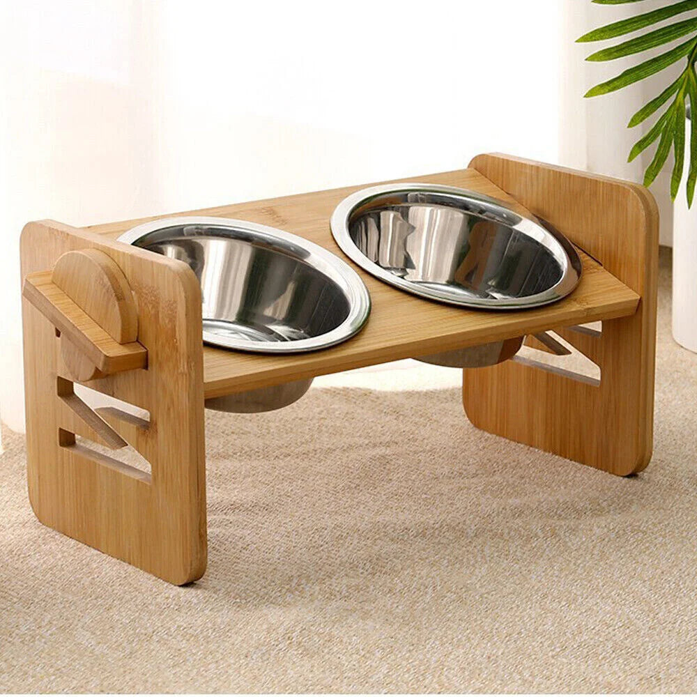 Elevated Stand, 4 Heights, Bamboo Feeding Station 2 Stainless Steel Bowls.