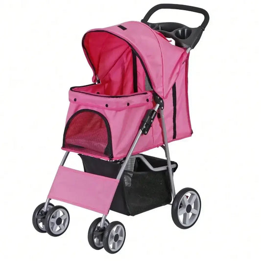 Pink Four Wheel Pet Stroller for Medium Dogs and Cats Foldable Jogger Travel Carrier with Basket