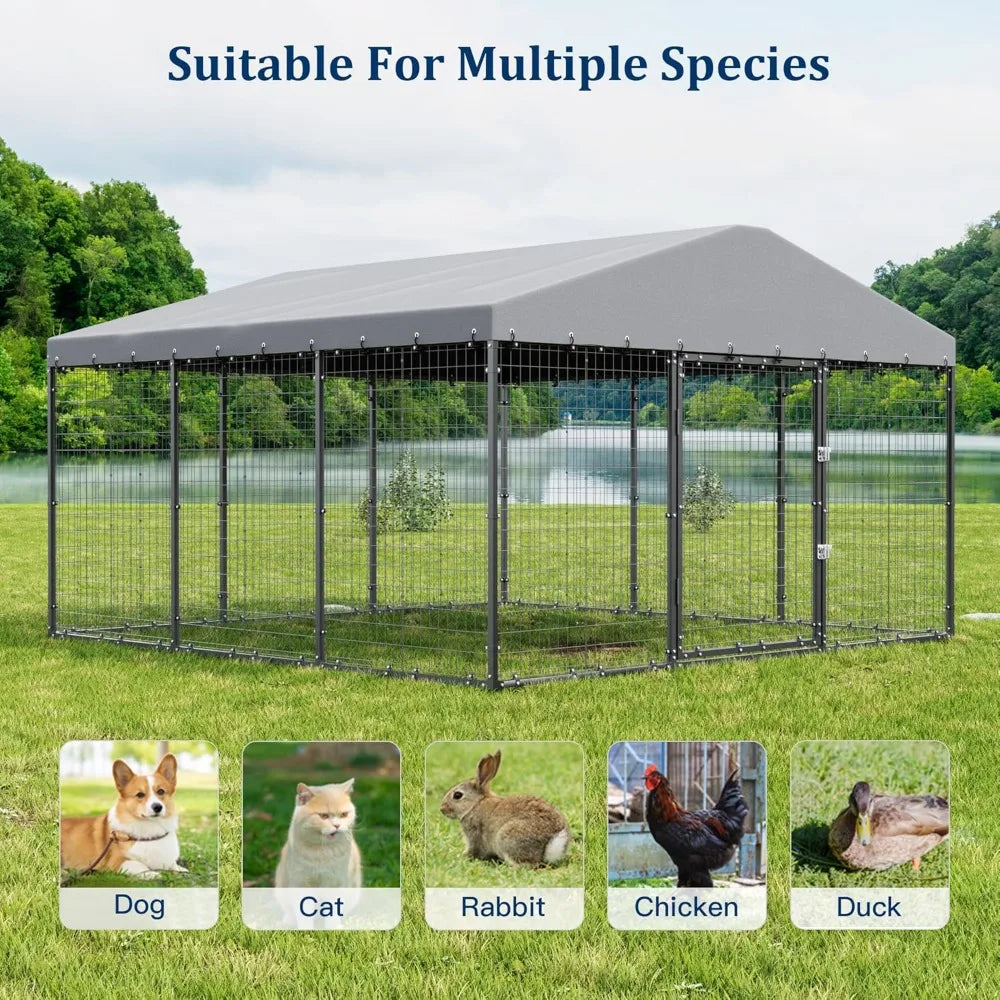 118" x 118" x 70.9" Heavy Duty Dog Cage with Roof,Galvanized Steel Dog Enclosure Fence with Double Security Locks Fast shipping