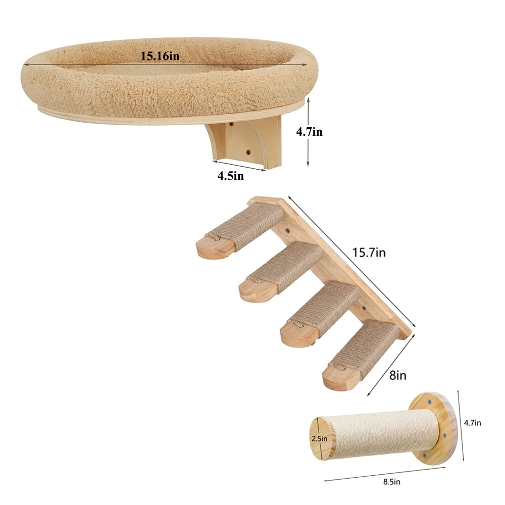Wooden Climbing Ladder, Cat Hammock, Scratching Post, for Activity Indoors