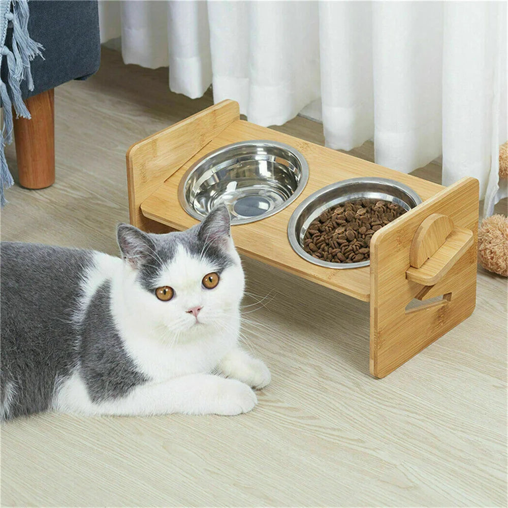 Elevated Stand, 4 Heights, Bamboo Feeding Station 2 Stainless Steel Bowls.