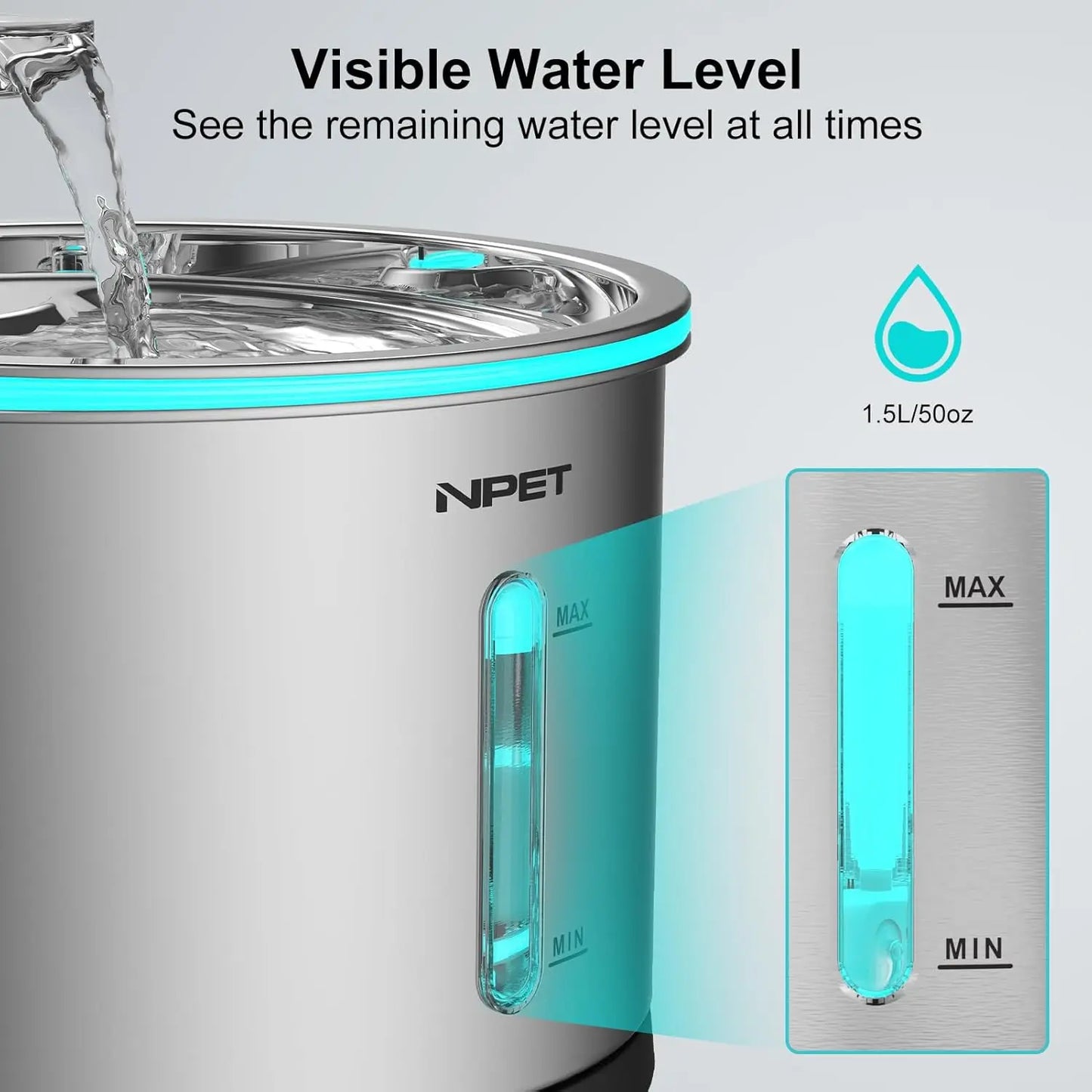 NPET Water Fountain Stainless Steel, 50oz/1.5L Dishwasher Safe
