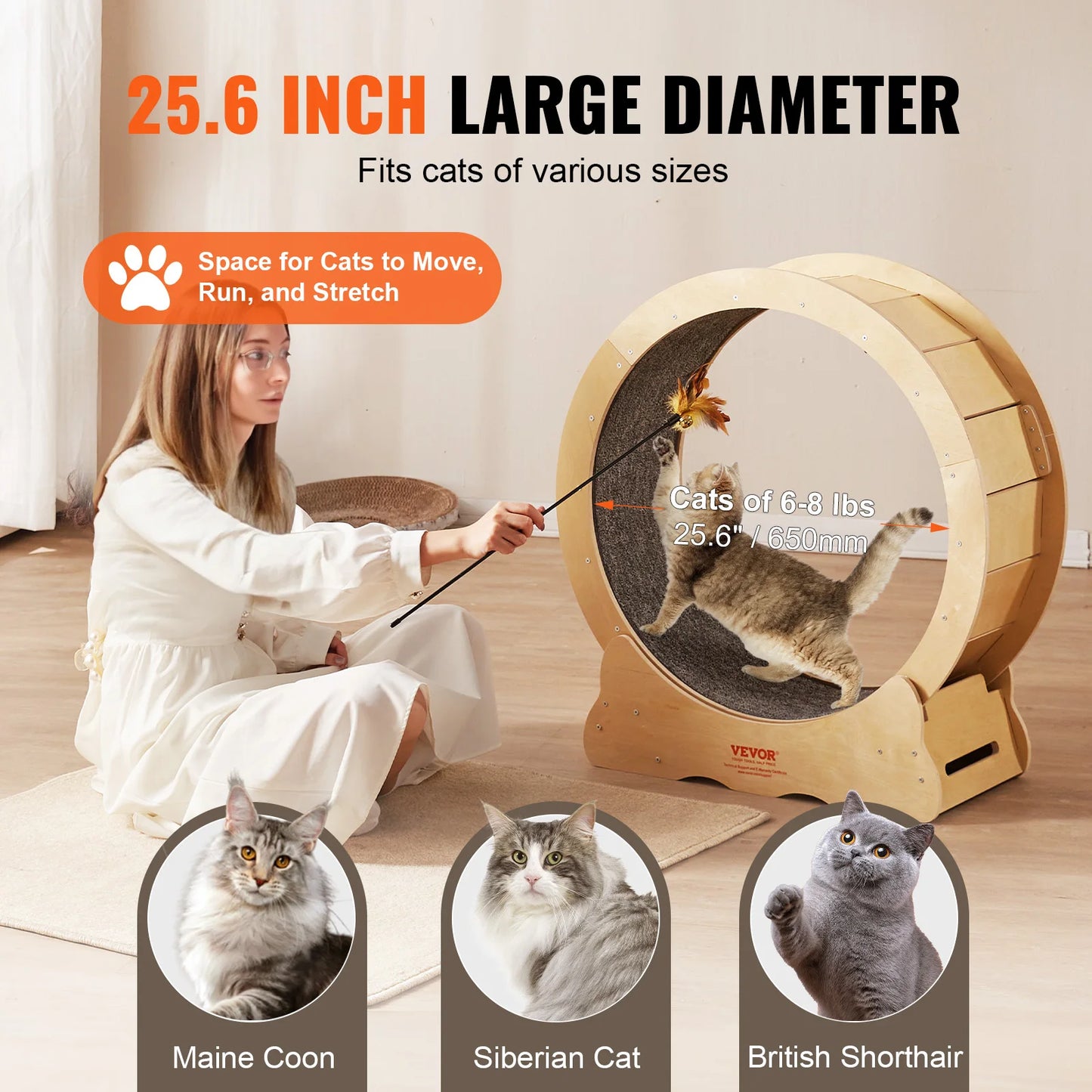 VEVOR Cat Exercise Wheel Natural Wood Silent Running Treadmill Roller Wheel with Detachable Carpet for Pet Fitness