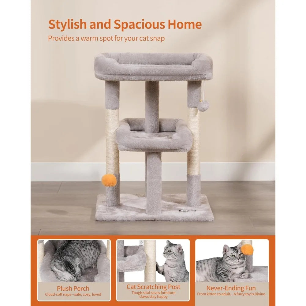 FourFurPets Small Multi-Level Cat Tree: Indoor Cat Tower with Scratching Post, Cat Condo, Kitten-Friendly Design & Toy Ball