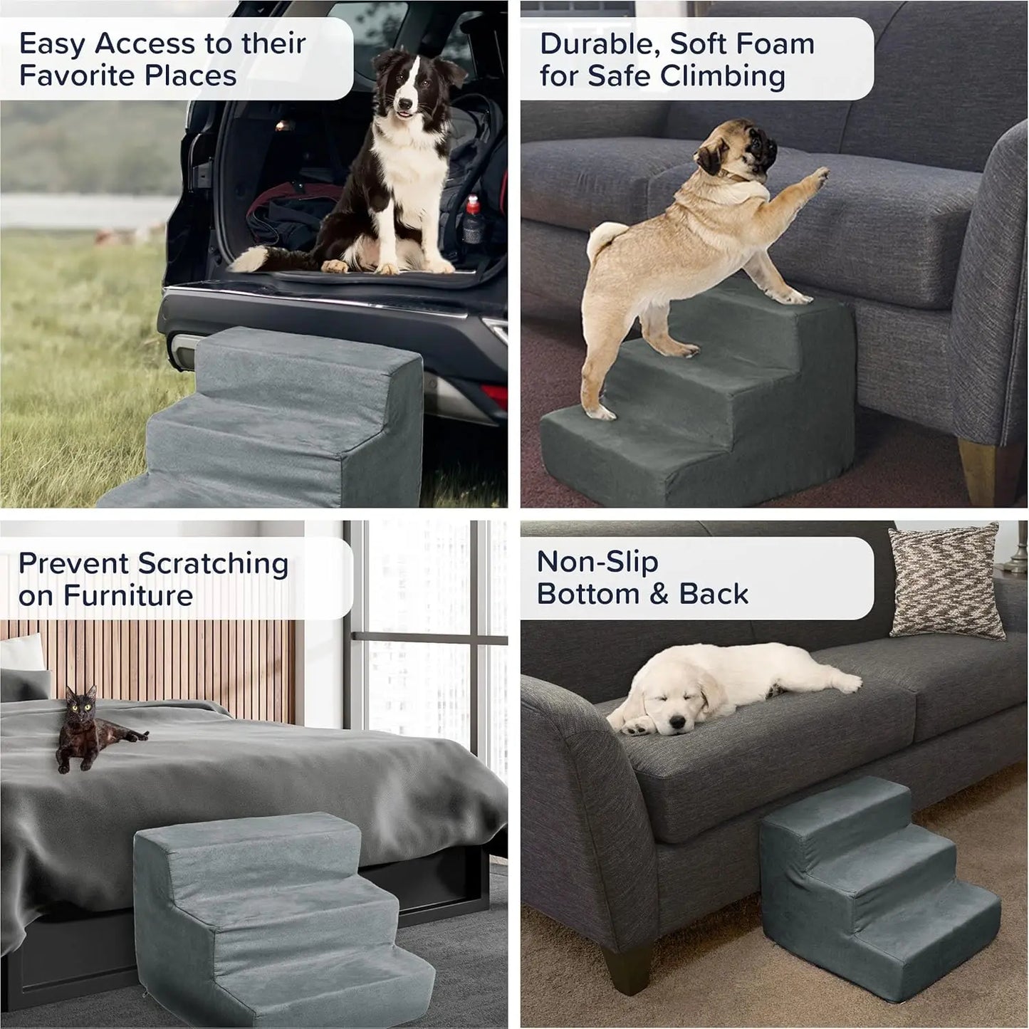 3-Step Pet Stairs  Nonslip Foam Dog and Cat Steps with Removable Zippered Microfiber Cover - Designed for Home o