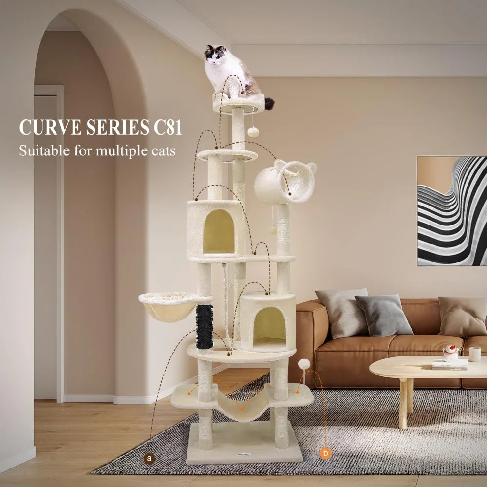 Artistic Curved Cat Tower for Small Cats (Under 12 lbs), 81-inch Slim Design Cat Tree with Space-Saving Design, Indoor Cat Condo