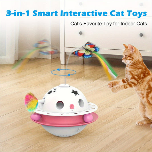 Cat Toys 3-in-1 Smart Interactive Electronic Kitten Toy Random Moving Feather Balls Indoor Exercise Cat Dog Pet Products, Shell Material, with 2 Replacing Fluttering Butterfly And Bring A Fun Surprise, Cat Toys for Indoor Cat