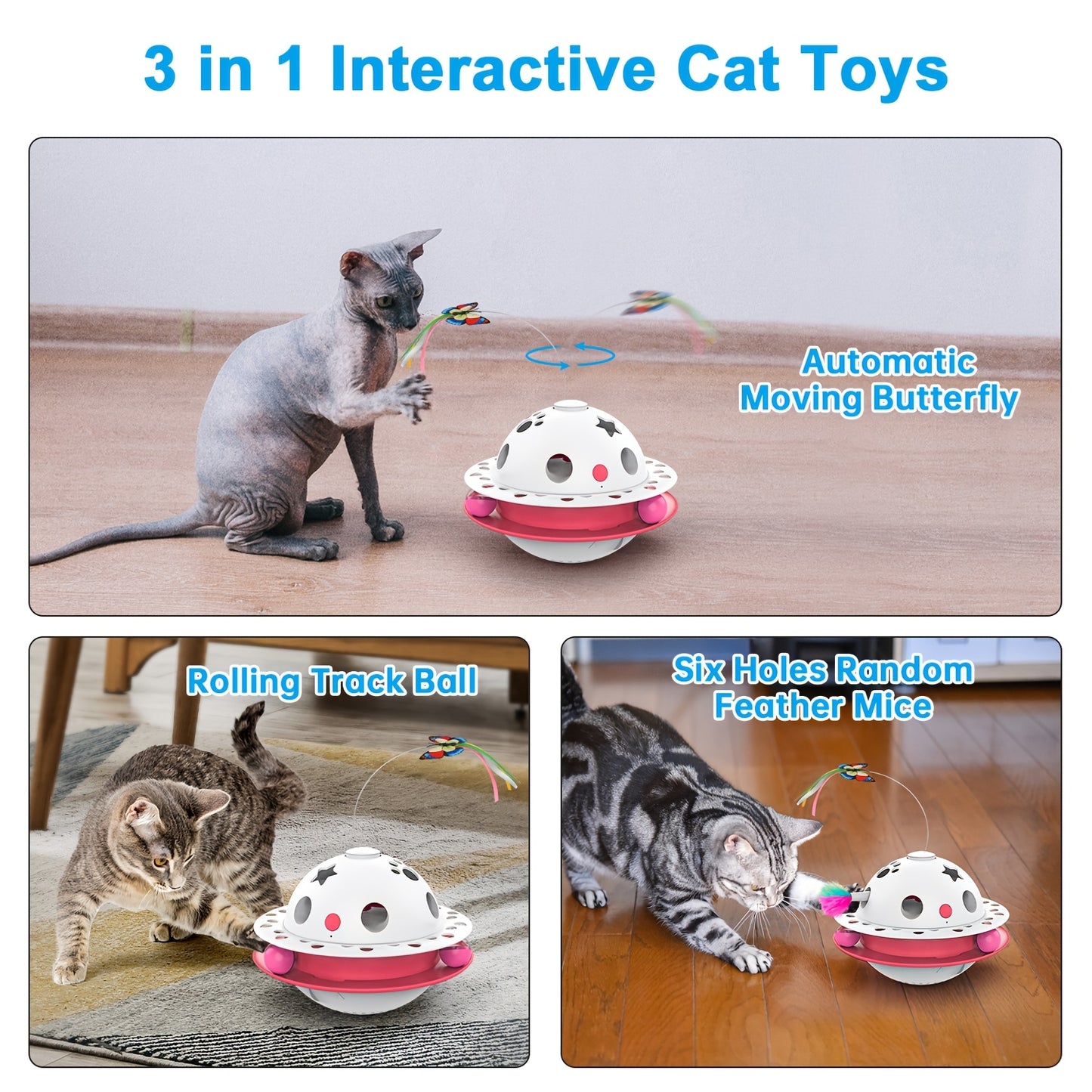 Cat Toys 3-in-1 Smart Interactive Electronic Kitten Toy Random Moving Feather Balls Indoor Exercise Cat Dog Pet Products, Shell Material, with 2 Replacing Fluttering Butterfly And Bring A Fun Surprise, Cat Toys for Indoor Cat