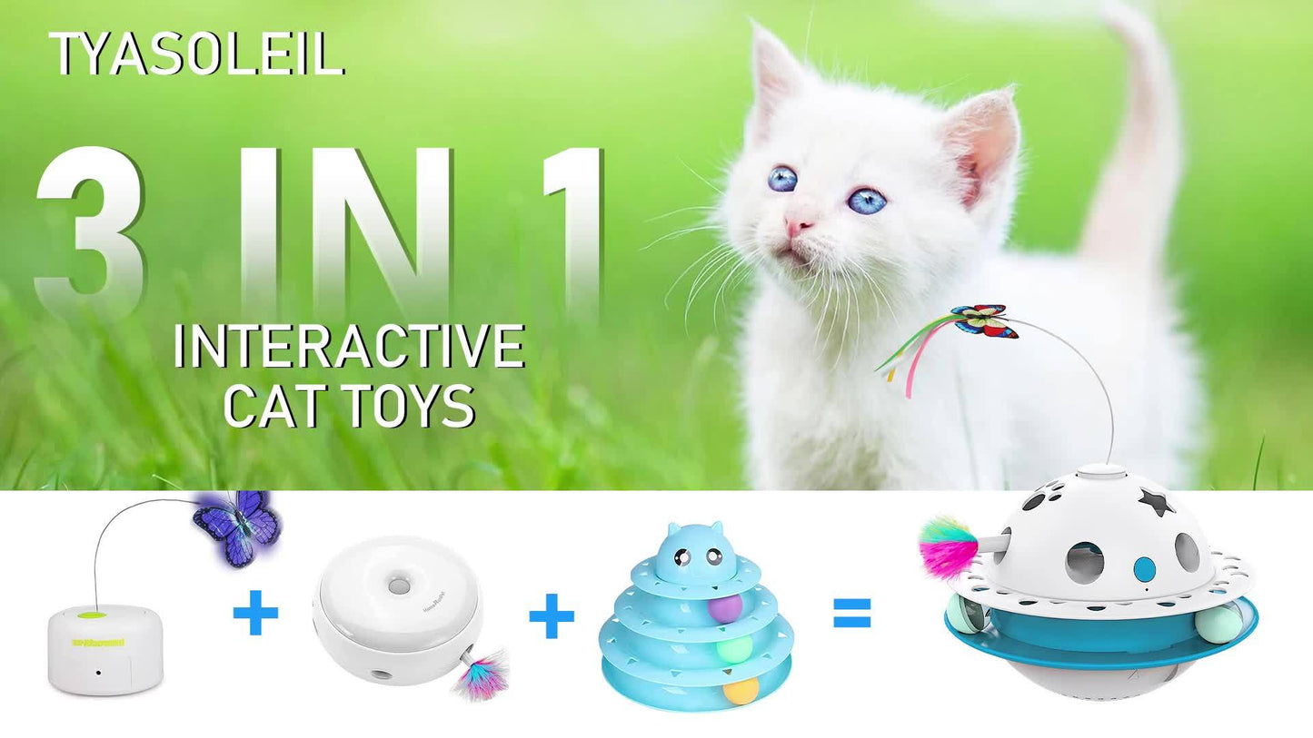 Cat Toys 3-in-1 Smart Interactive Electronic Kitten Toy Random Moving Feather Balls Indoor Exercise Cat Dog Pet Products, Shell Material, with 2 Replacing Fluttering Butterfly And Bring A Fun Surprise, Cat Toys for Indoor Cat
