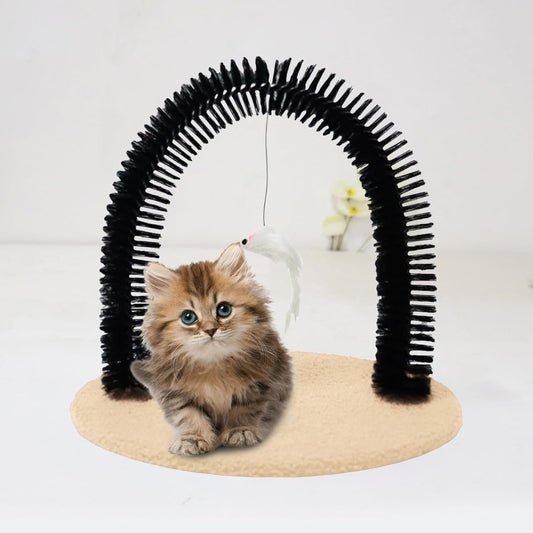 Cat Arch Grooming Brush with Scratching Pad, Interactive Self-Grooming Device for Indoor Cats, Durable Plush and Sisal Material, Compact Size, Neutral Tone, Promotes Grooming
