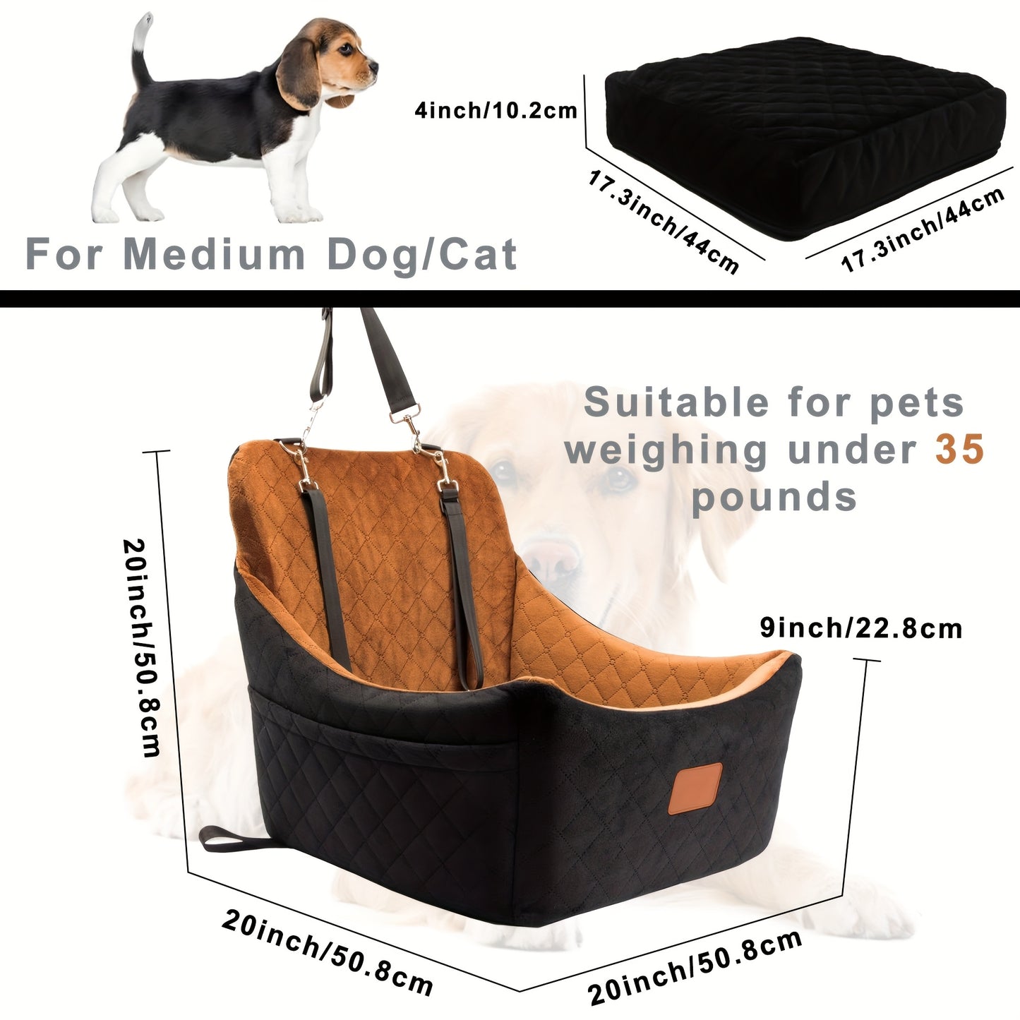 [3 Straps Dog Car Seat] Adjustable Dog Car Seat for Medium and Large Dogs | Pet Travel Car Bed with Seat Belt Pass-Through, Fully Removable and Washable, 3 Straps for Easy Installation