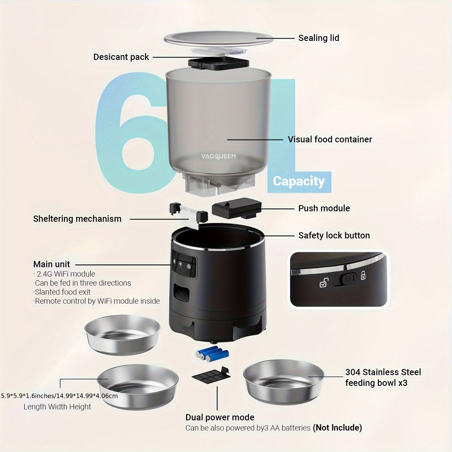 Smart WiFi Feeder with App Control & 1.59gal Large Capacity - 3- Dispenser with 3-Bowls System, Real-Time Monitoring, Auto Feeding Schedule, Plug (110-130V) for Multi- Households, Pet Waster Prevention, Dog Feeder Automatical